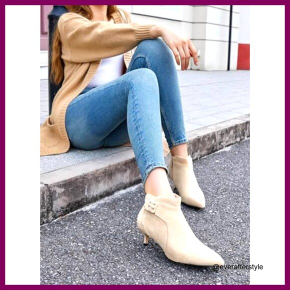 Pointed Toe Ankle Boots Kitten Heels Faux Suede Booties Side Zipper - Picture 2 of 7